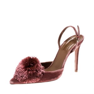 Pre Owned  Aquazzura Pink Velvet Powder Puff Pointed Toe Slingback Sandals Size 39