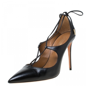 Pre Owned Aquazzura Black Leather Matilde Tie Up Pointed Toe Pumps Size 40
