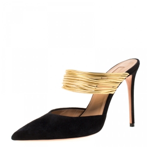 Pre Owned Aquazzura Black Suede And Metallic Gold Leather Rendez Vous Pointed Toe Mules Size 38.5