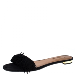 Pre Owned Aquazzura Black Suede Wild Thing Fringe Trimmed Flat Slides Size 37.5