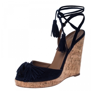 Pre Owned Aquazzura Blue Suede Fringe Cork Wedges Platform Ankle Wrap Sandals Size 39.5