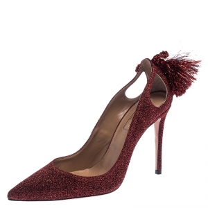 Pre Owned Aquazzura Red Shimmery Fabric Forever Marilyn Pointed Toe Pumps Size 37.5