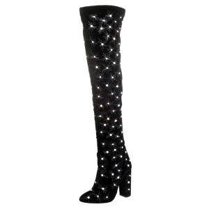 Pre Owned Aquazzura Black Velvet Pearl Studded Over The Knee Length Boots Size 38