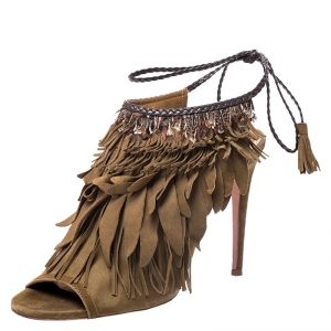 Pre Owned Aquazzura Brown Suede Fringed Ankle Strap Sandals Size 39