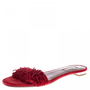 Pre Owned Aquazzura Red Suede Fringe Wild Thing Flats Slides Size 37