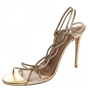 Pre Owned Aquazzura Metallic Gold Leather And PVC Swing Sandals Size 38