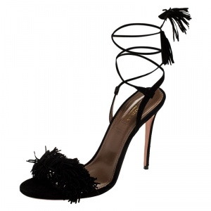 Pre Owned Aquazzura Black Fringed Suede Wild Thing Ankle Wrap Sandals Size 40