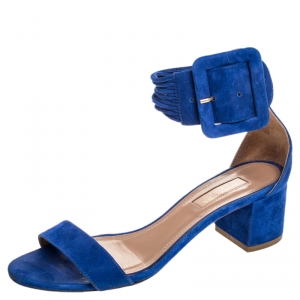 Pre Owned Aquazzura Blue Suede Casablanca Ankle Cuff Block Heel Sandals Size 36
