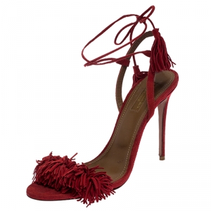 Pre Owned Aquazzura Red Suede Wild Thing Ankle Wrap Sandals Size 38.5