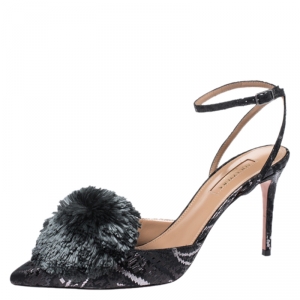 Pre Owned Aquazzura Black Brocade Fabric and Velvet Powder Puff Ankle Strap Sandals Size 38.5