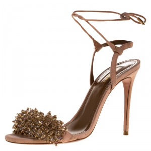 Pre Owned Aquazzura Peach Suede Monaco Embellished Ankle Wrap Sandals Size 37