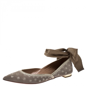 Pre Owned Aquazzura Beige/Gold Embroidered Suede Bliss Ankle Wrap Ballet Flats Size 38.5 