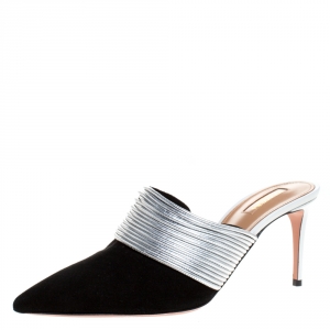 Pre Owned Aquazzura Black/Silver Suede and Leather Rendez  Vous Mules Size 42