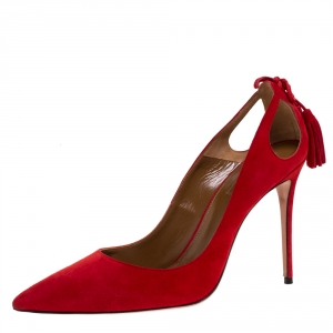 Pre Owned Aquazzura Red Suede Leather Forever Marilyn 85 Cut Out Tassel Detail Pointed Toe Pumps Size 41