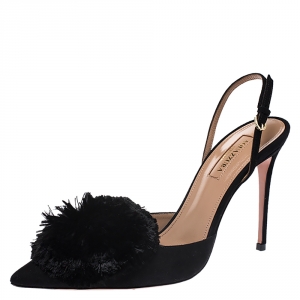 Pre Owned Aquazzura Black Suede Powder Puff Pointed Toe Slingback Sandals Size 38