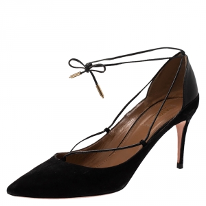Pre Owned Aquazzura Black Suede Leather Ankle Wrap Pointed Toe Pumps Size 39