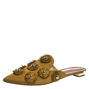 Pre Owned Aquazzura Mustard Yellow Fabric Sunflower Pointed Toe Flat Mules Size 39