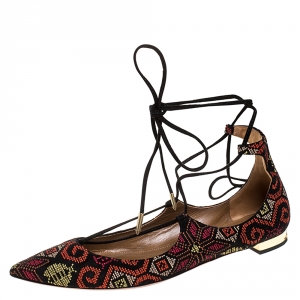 Pre Owned Aquazzura Black Embroidered Suede Christy Lace Up Pointed Toe Flats Size 41