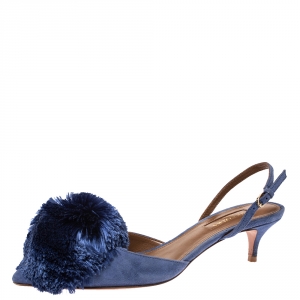 Pre Owned Aquazzura Blue Suede Powder Puff Pointed Toe Slingback Sandals Size 35.5