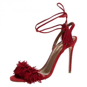 Pre Owned Aquazzura Red Suede Monaco Ankle Wrap Sandals Size 36