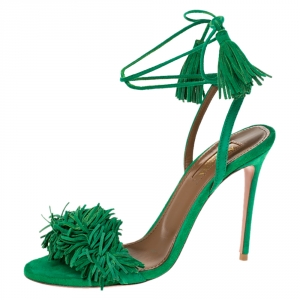 Pre Owned Aquazzura Green Suede Leather Wild Thing Fringe Ankle Wrap Sandals Size 36