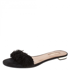 Pre Owned Aquazzura Black Suede Leather Wild Thing Fringe Flat Slide Size 36.5