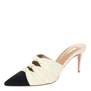 Pre Owned Aquazzura Cream and Black Canvas Mondaine Pointed Toe Sandals Size 38