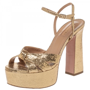 Pre Owned Aquazzura Metallic Gold Leather Baba Plateau Platform Ankle Strap Sandals Size 37