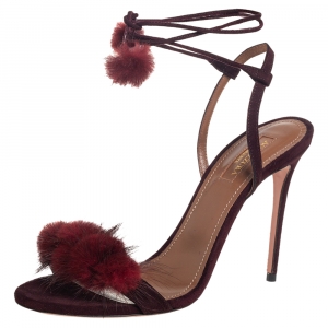 Pre Owned Aquazzura Burgundy Fur And Suede Wild Russian Open Toe Ankle Wrap Sandals Size 38.5