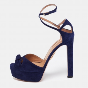 Pre Owned Aquazzura Navy Blue Suede Harlow Plateau Platform Ankle Wrap Sandals Size 37.5