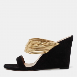Pre Owned Aquazzura Black/Gold Suede and Leather Rendez Vous Wedge Sandals Size 38