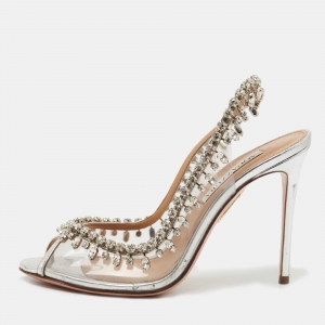 Pre Owned Aquazzura Silver Leather and PVC Temptation Slingback Pumps Size 38