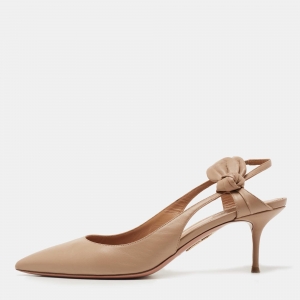 Pre Owned Aquazzura Beige Leather Bow Slingback Pumps Size 40