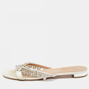 Pre Owned Aquazzura White Canvas Crystal Embellished Slide Flats Size 40
