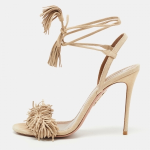 Aquazzura Beige Suede Wild Thing Fringe Ankle Wrap Sandals Size 39