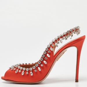 Pre Owned Aquazzura Orange Satin Crystal Embellished Slingback Pumps Size 39