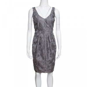 Armani Collezioni Grey Floral Embroidered Pleated Organza Dress M