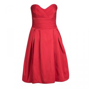 Armani Collezioni Red Pleated Satin Strapless Bustier Dress L