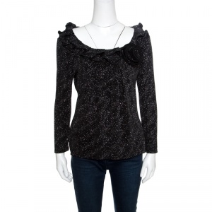 Armani Collezioni Black Glitter Ruffled Neckline Floral Applique Detail Top L