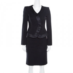 Armani Collezioni Navy Blue Textured Satin Trim Detail Tailored Skirt Suit S
