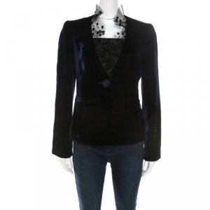 Pre Owned Armani Collezioni Midnight Blue Velvet Embellished Mesh Collar Single Button Blazer S