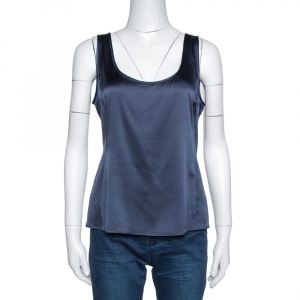 Armani Collezioni Midnight Blue Stretch Silk Satin Sleeveless Top M 