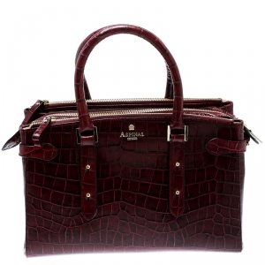 Aspinal Of London Burgundy Croc Embossed Leather Brook Street Tote