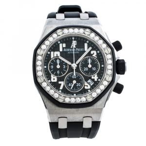 Audemars Piguet Black Stainless Steel Diamonds Royal Oak Offshore 26048SK.ZZ.D002CA.01 Women's Wristwatch 37 mm
