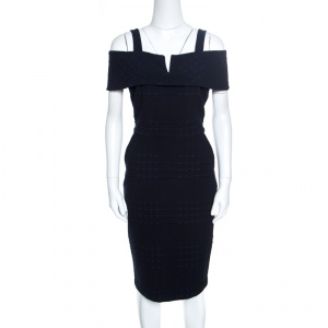 Badgley Mischka Navy Blue and Black Jacquard Knit Cold Shoulder Dress M
