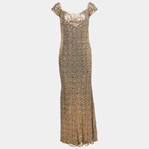 Badgley Mischka Gold Sequin Off Shoulder Gown L