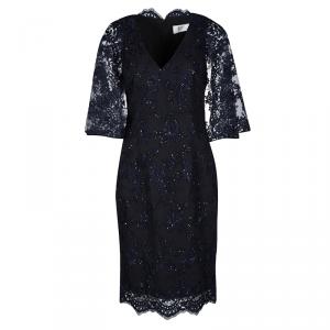 Badgley Mischka Navy Blue Sequined Lace Cape Sheath Cocktail Dress S
