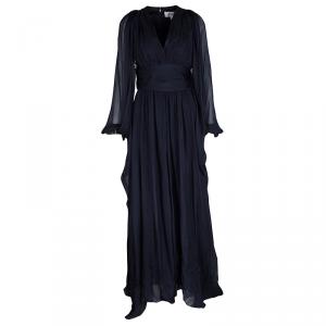 Badgley Mischka Navy Blue Silk Draped Embellished Cuff Detail Gown S