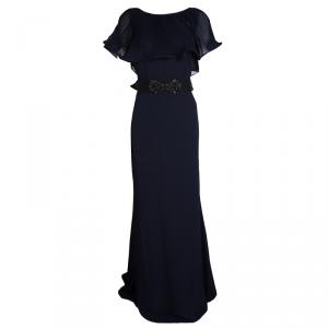 Badgley Mischka Navy Blue Plisse Ruffle Detail Embellished Maxi Dress M