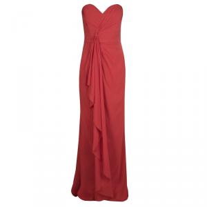 Badgley Mischka Red Ruched Draped Silk Strapless Maxi Dress M